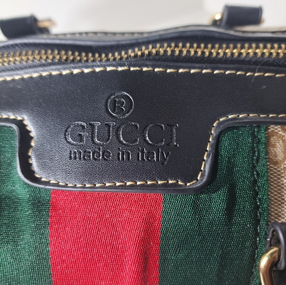 Luxury Beige Canvas Satchel with Green and Red Web Stripe. - Picture 9 of 9